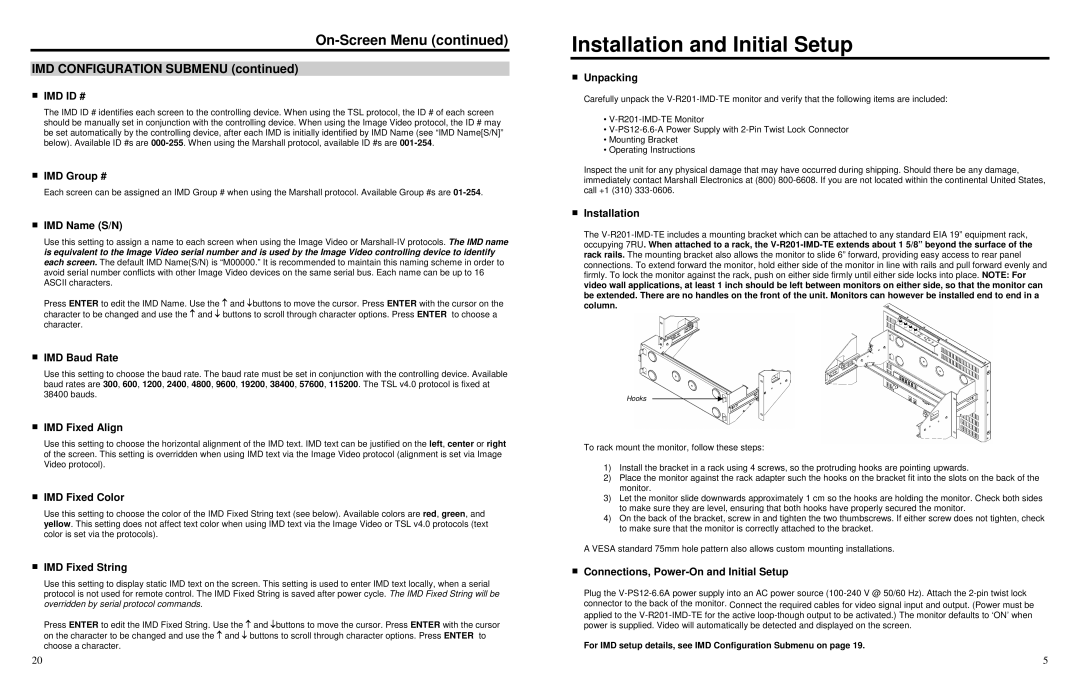 Marshall electronic V-R201-IMD-TE warranty Installation and Initial Setup 