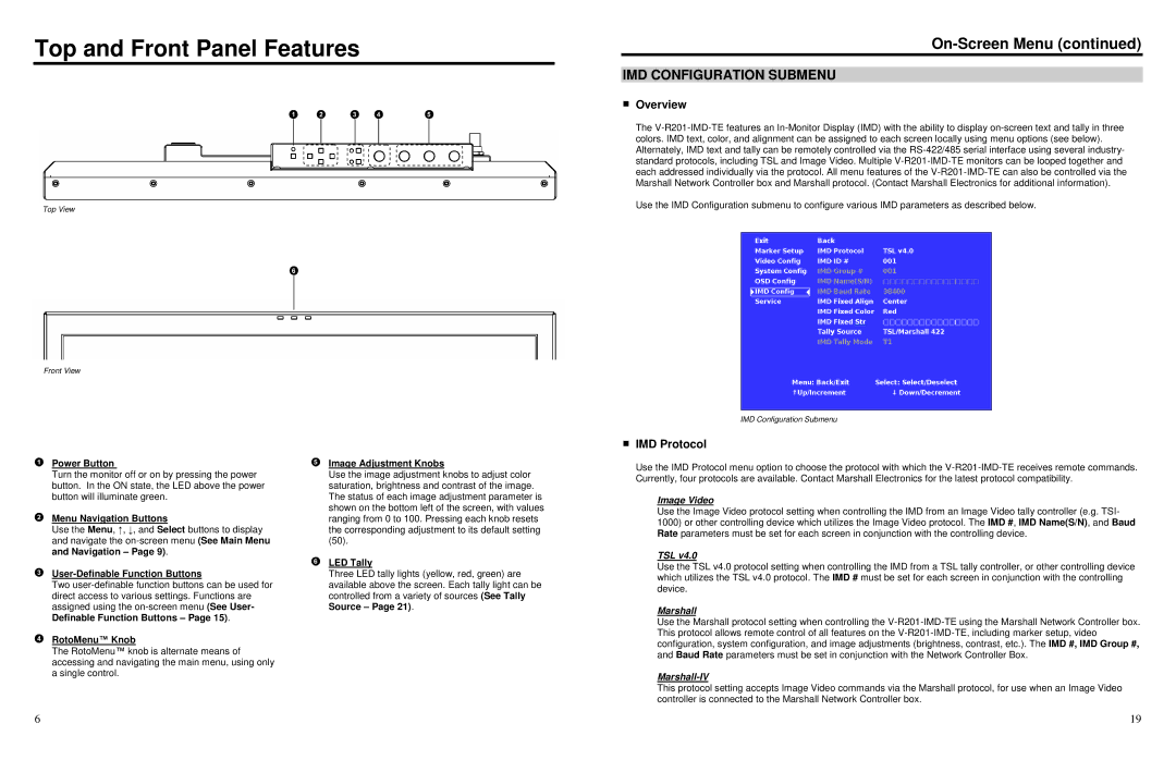 Marshall electronic V-R201-IMD-TE warranty Top and Front Panel Features, IMD Configuration Submenu, IMD Protocol 