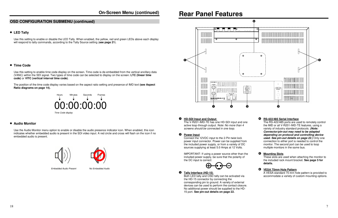 Marshall electronic V-R201-IMD-TE Rear Panel Features, OSD Configuration Submenu, LED Tally, Time Code, Audio Monitor 