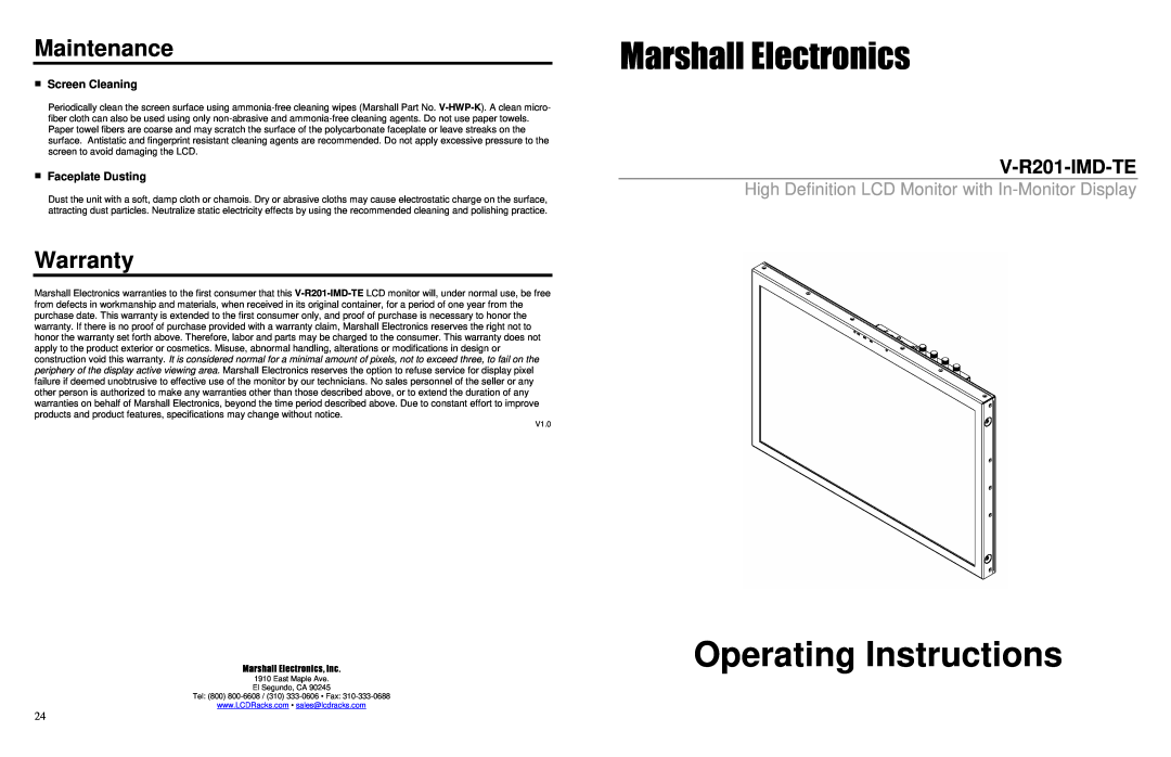 Marshall electronic V-R201-IMD-TE warranty Maintenance, Warranty, Marshall Electronics, Operating Instructions 