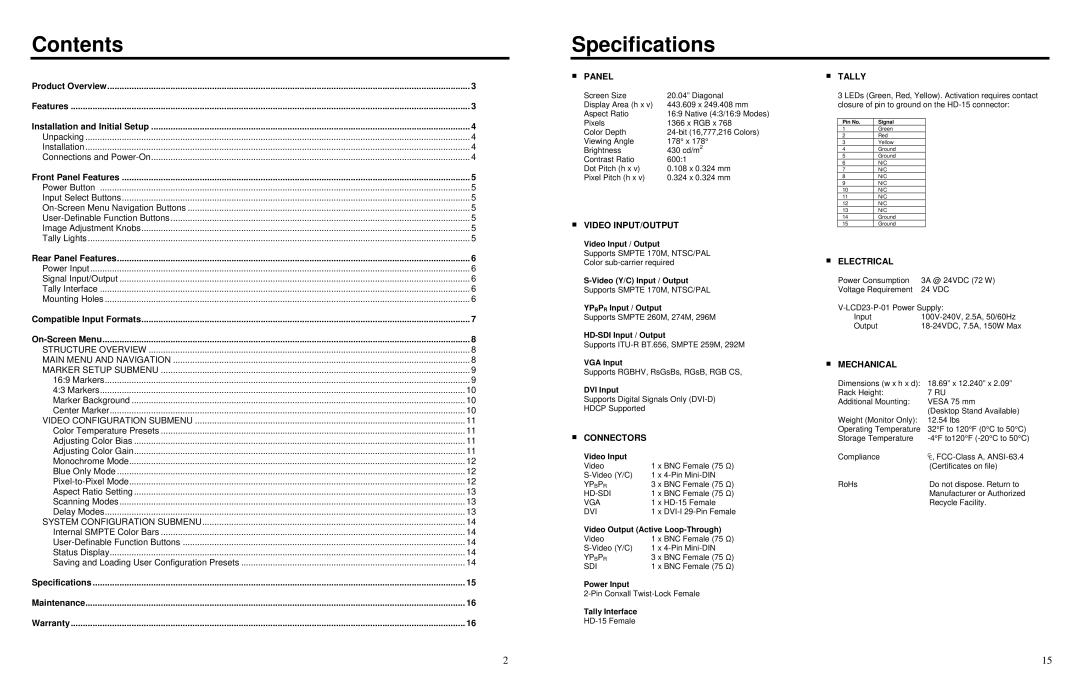 Marshall electronic V-R201P-AFHD specifications Contents, Specifications 