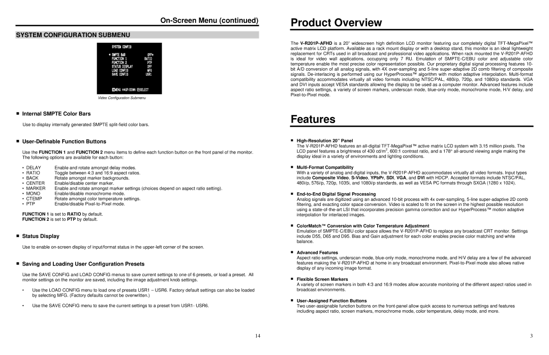 Marshall electronic V-R201P-AFHD specifications Product Overview, Features, System Configuration Submenu 