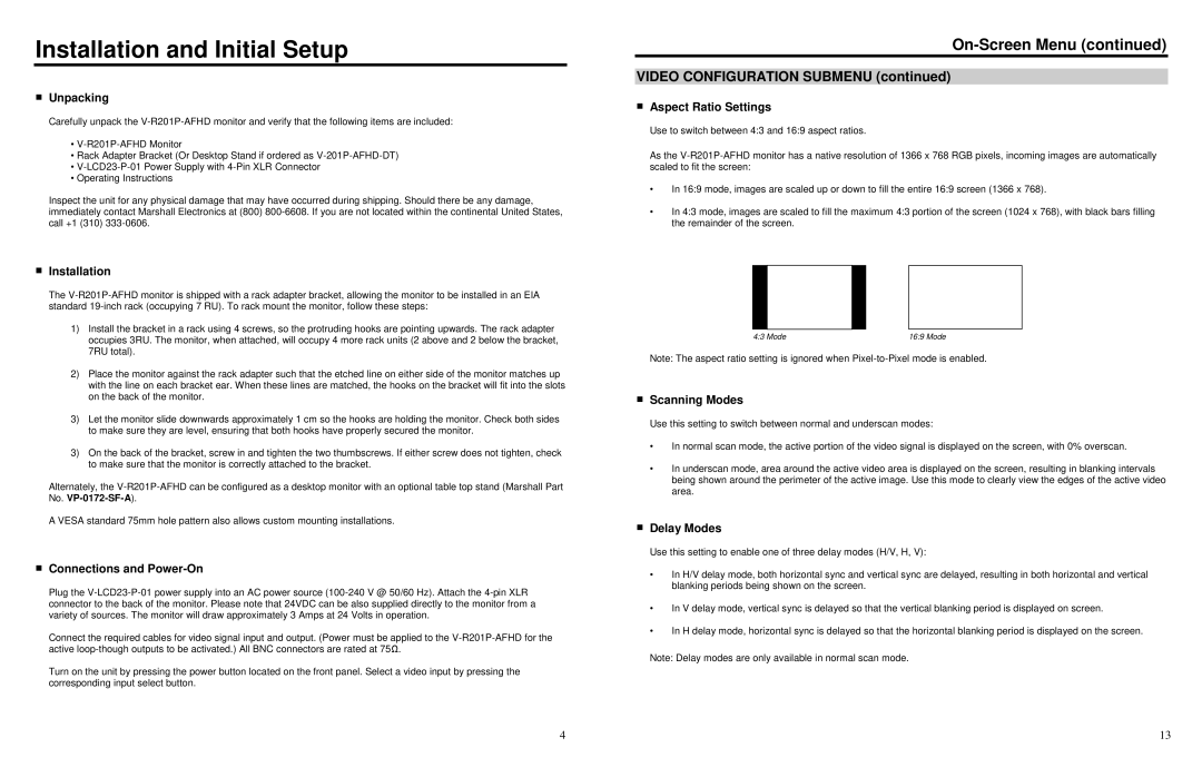 Marshall electronic V-R201P-AFHD specifications Installation and Initial Setup, Video Configuration Submenu 