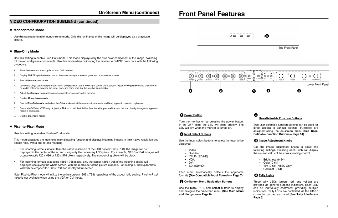 Marshall electronic V-R201P-AFHD specifications Front Panel Features, Monochrome Mode, Blue-Only Mode, Pixel-to-Pixel Mode 