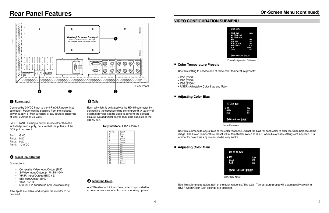 Marshall electronic V-R201P-AFHD specifications Rear Panel Features, Video Configuration Submenu, Color Temperature Presets 