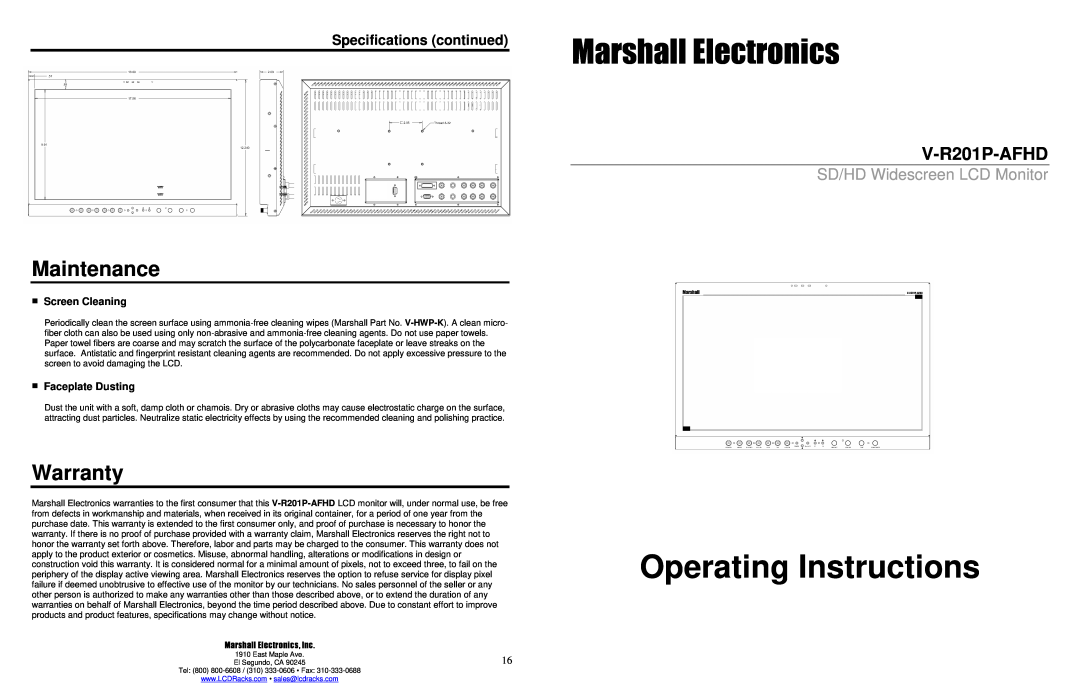 Marshall electronic V-R201P-AFHD specifications Maintenance, Warranty, Specifications continued, Screen Cleaning 