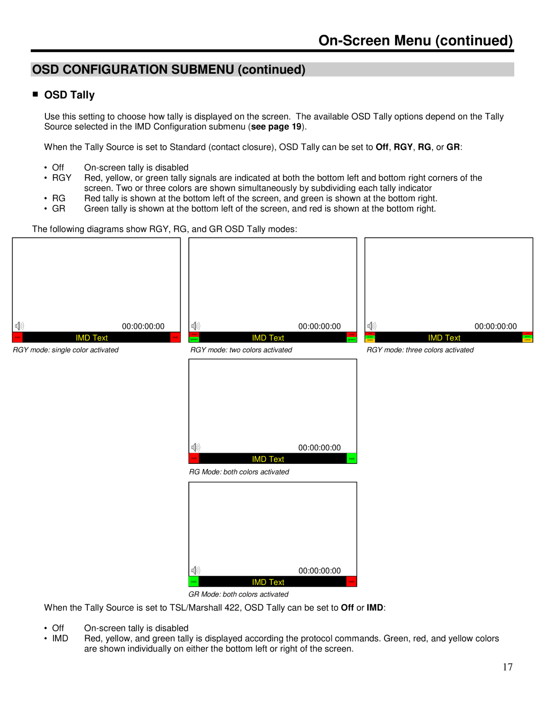 Marshall electronic V-R231-IMD-HDSDI manual OSD Configuration Submenu, OSD Tally 