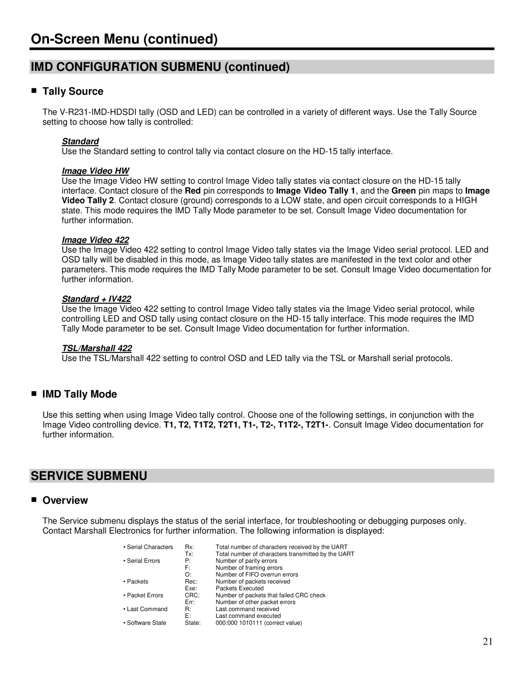 Marshall electronic V-R231-IMD-HDSDI manual Service Submenu, Tally Source, IMD Tally Mode 