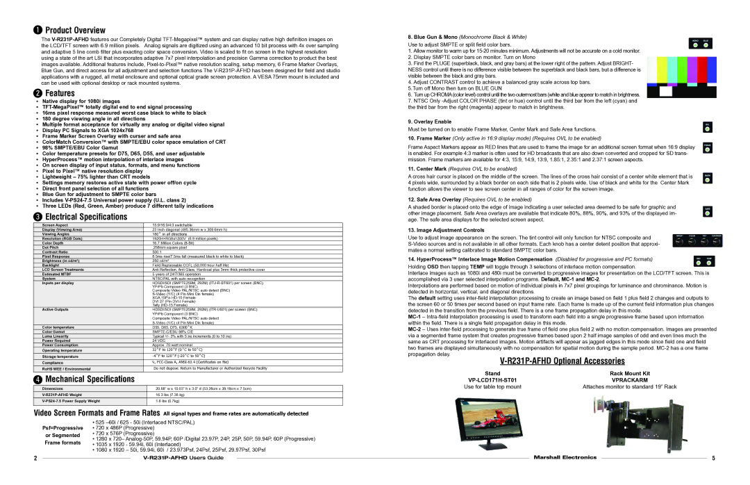 Marshall electronic V-R231P-AFHD Product Overview, Features, Electrical Specifications, Mechanical Specifications 