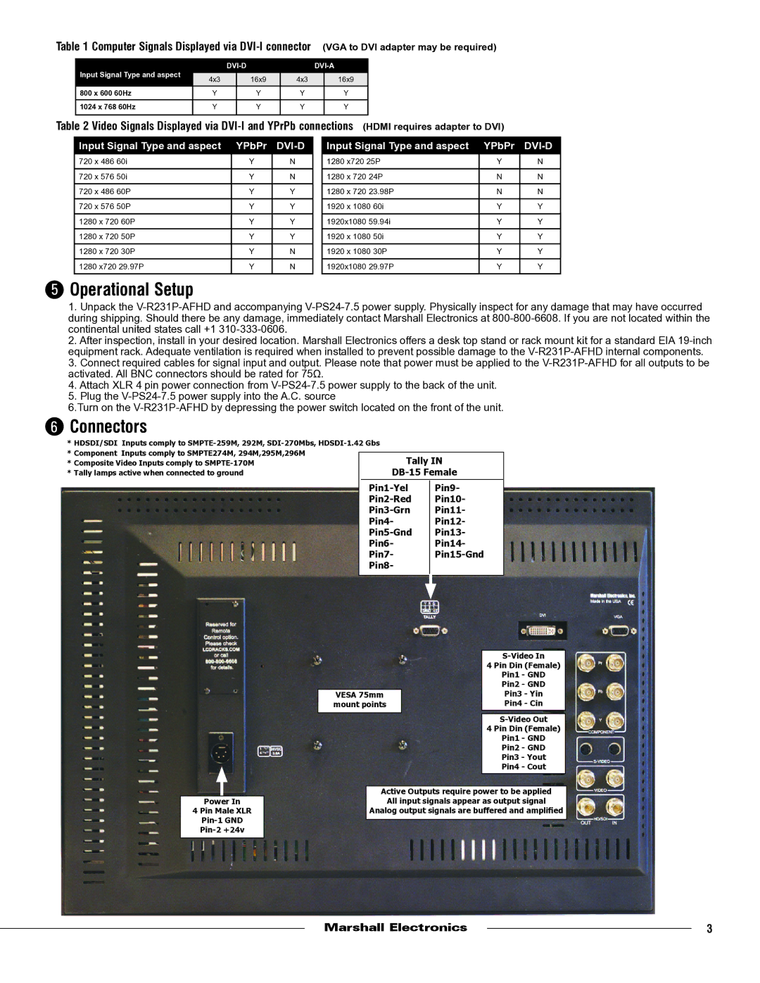 Marshall electronic V-R231P-AFHD specifications Operational Setup, Connectors 