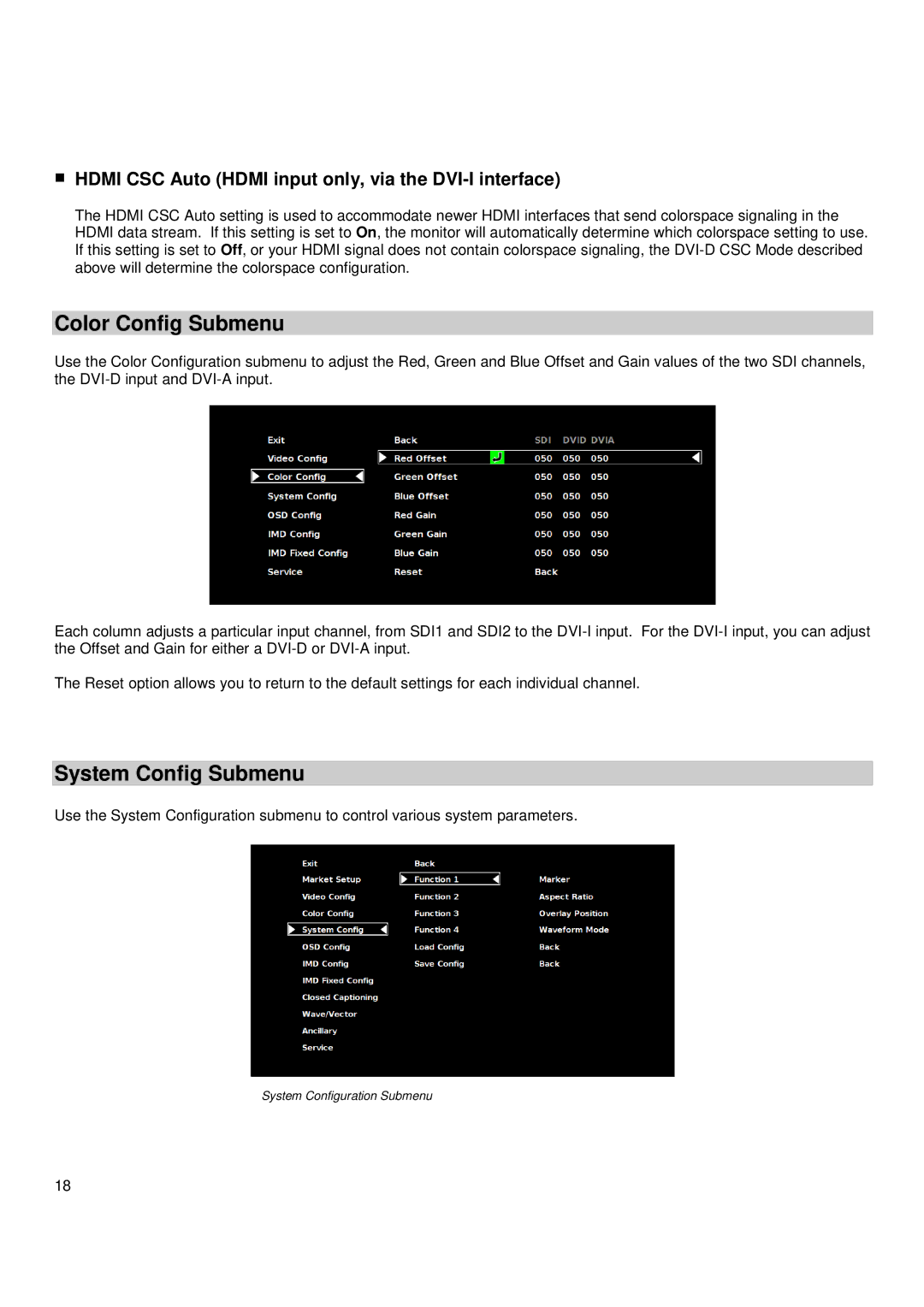 Marshall electronic V-R241-DLW manual Color Config Submenu, System Config Submenu 