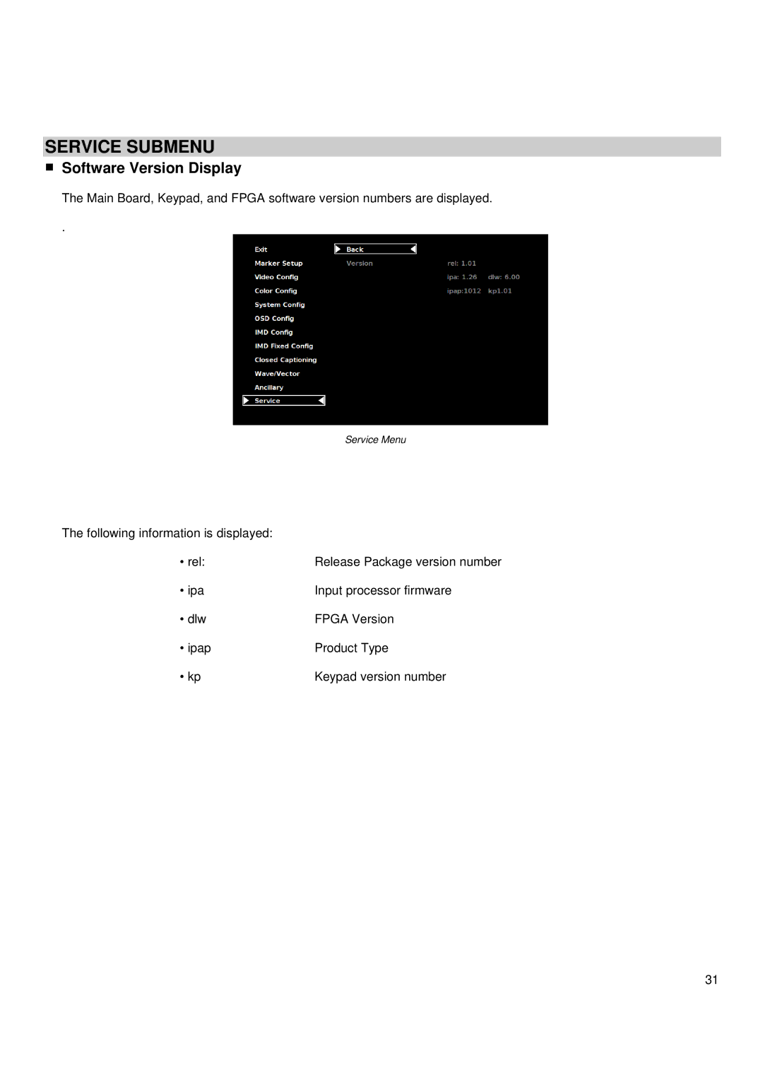 Marshall electronic V-R241-DLW manual Service Submenu, Software Version Display 