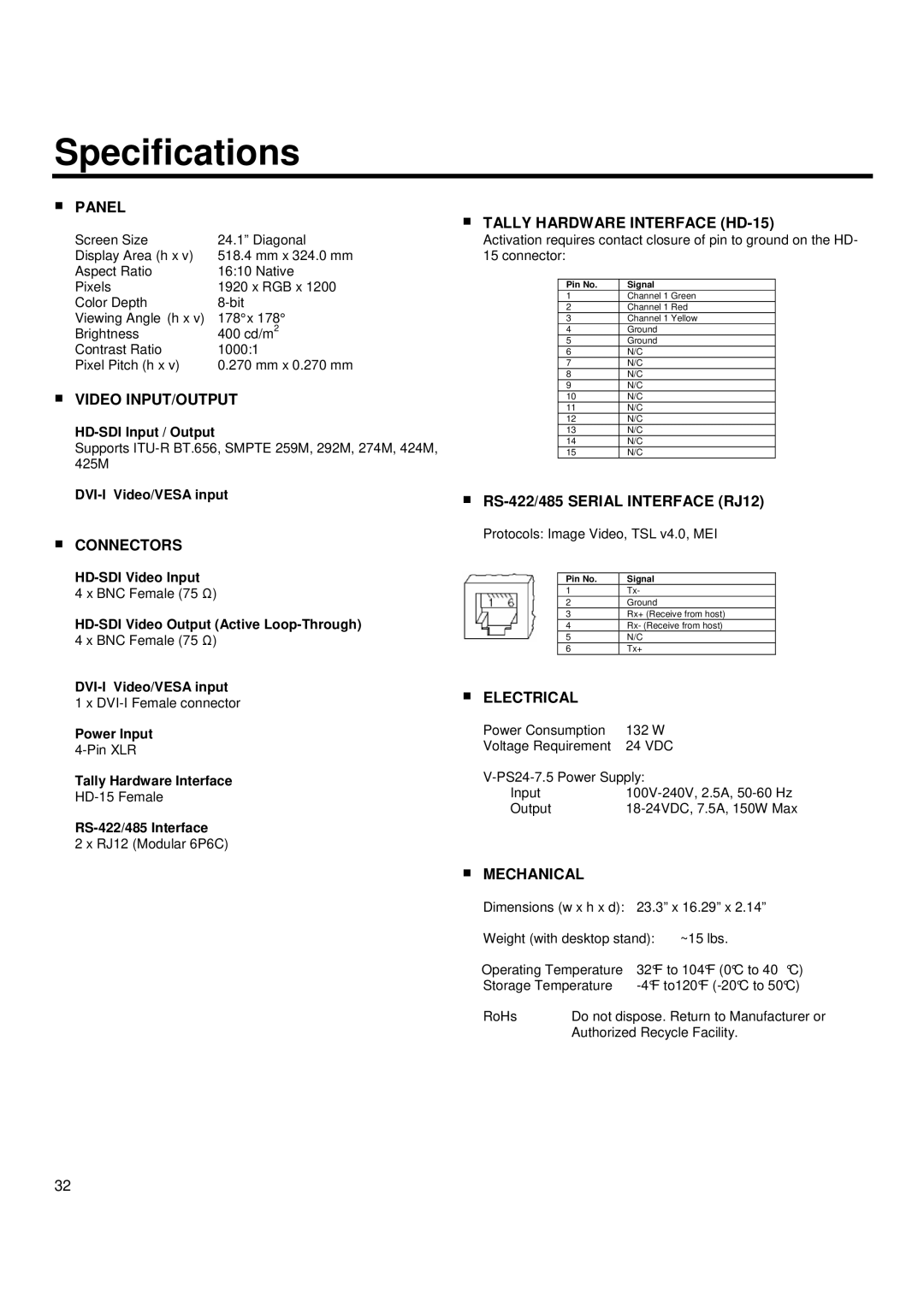 Marshall electronic V-R241-DLW manual Specifications, Panel 