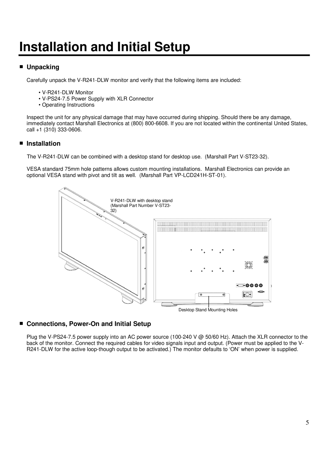 Marshall electronic V-R241-DLW manual Installation and Initial Setup, Unpacking, Connections, Power-On and Initial Setup 