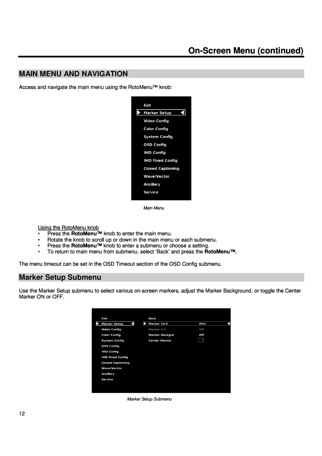 Marshall electronic V-R241-DLW manual On-Screen Menu continued, Main Menu And Navigation, Marker Setup Submenu 