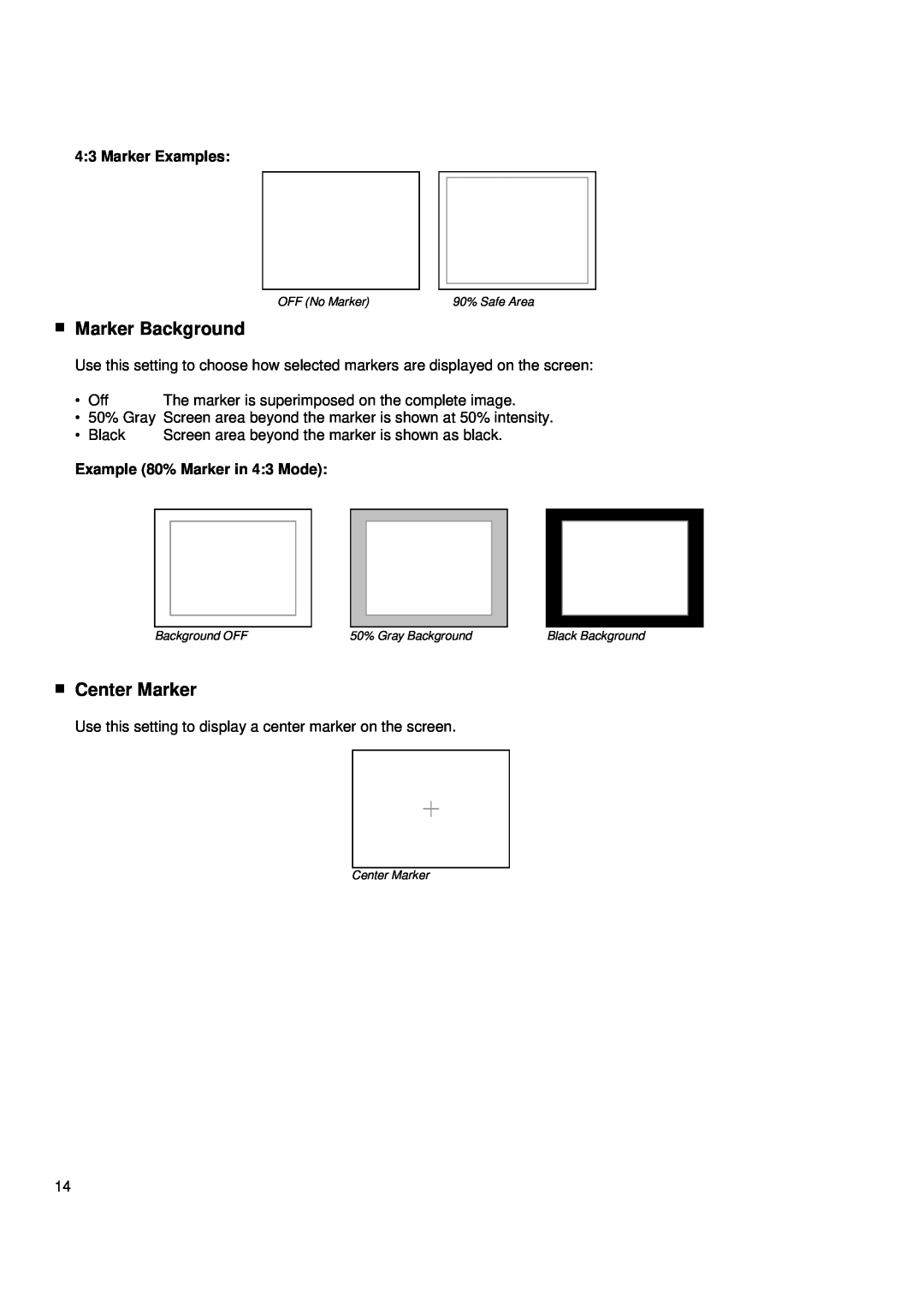 Marshall electronic V-R241-DLW manual Marker Background, Center Marker, Marker Examples, Example 80% Marker in 43 Mode 