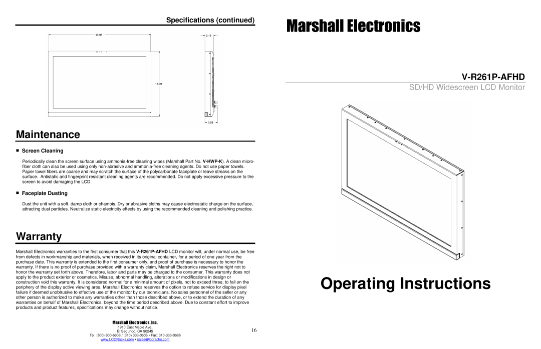 Marshall electronic V-R261P-AFHD specifications Maintenance, Warranty, Screen Cleaning, Faceplate Dusting 