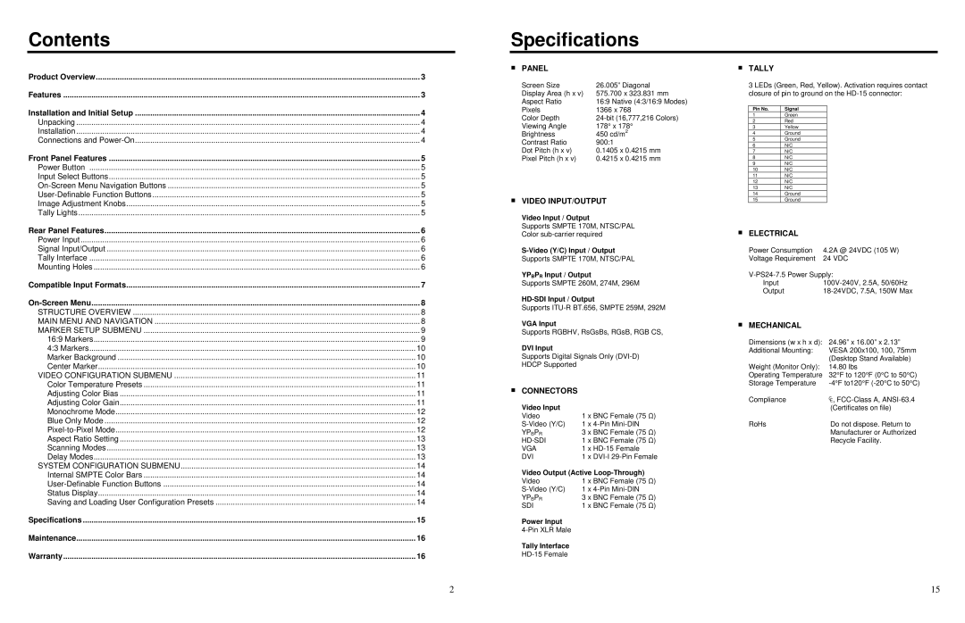 Marshall electronic V-R261P-AFHD specifications Contents, Specifications 