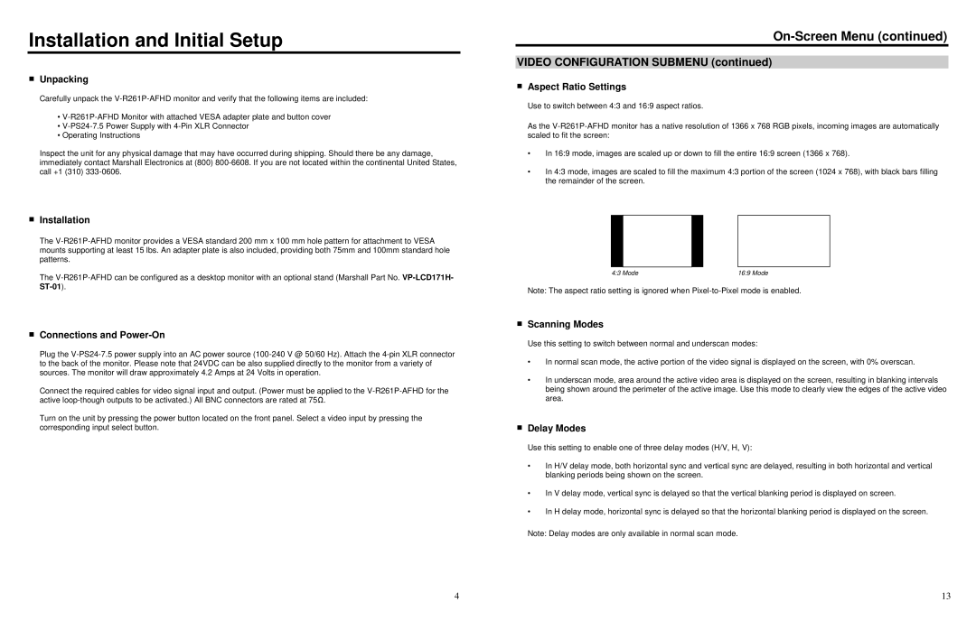 Marshall electronic V-R261P-AFHD specifications Installation and Initial Setup, Video Configuration Submenu 