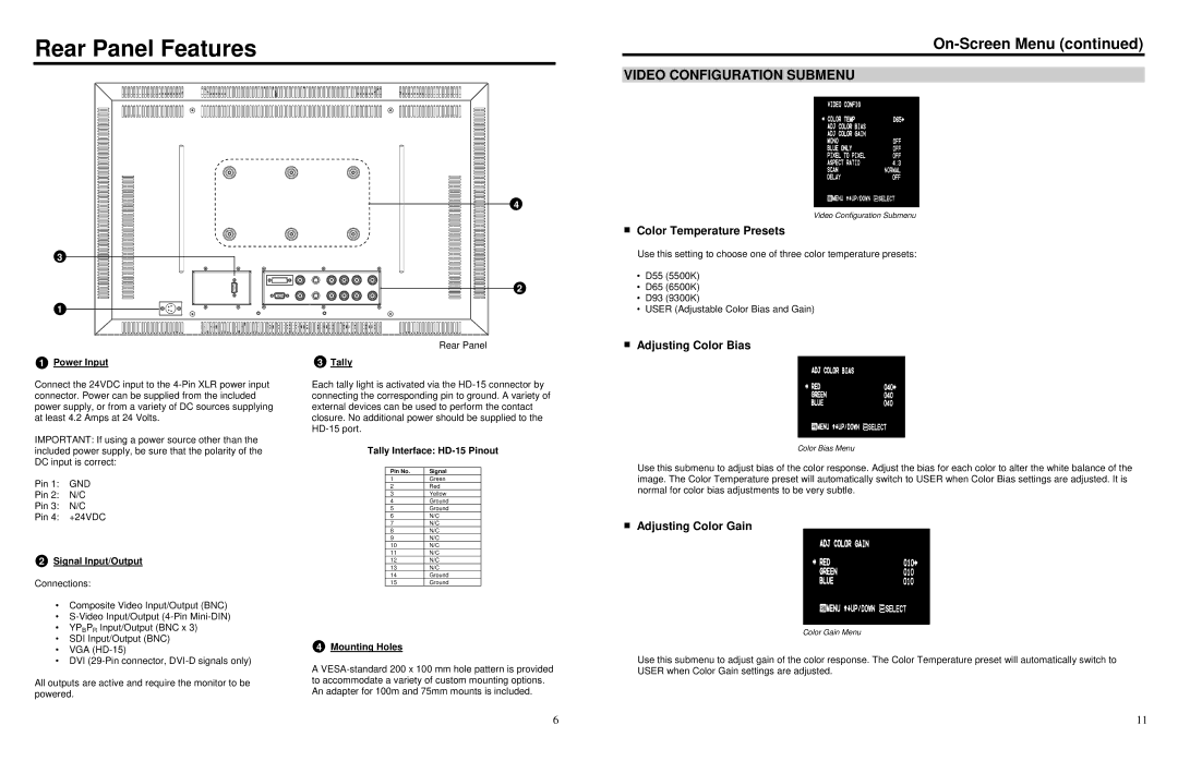 Marshall electronic V-R261P-AFHD specifications Rear Panel Features, Video Configuration Submenu, Color Temperature Presets 