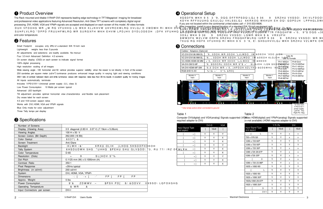 Marshall electronic V-R44P-DVI manual Product Overview, Operational Setup, Connections, Specifications 