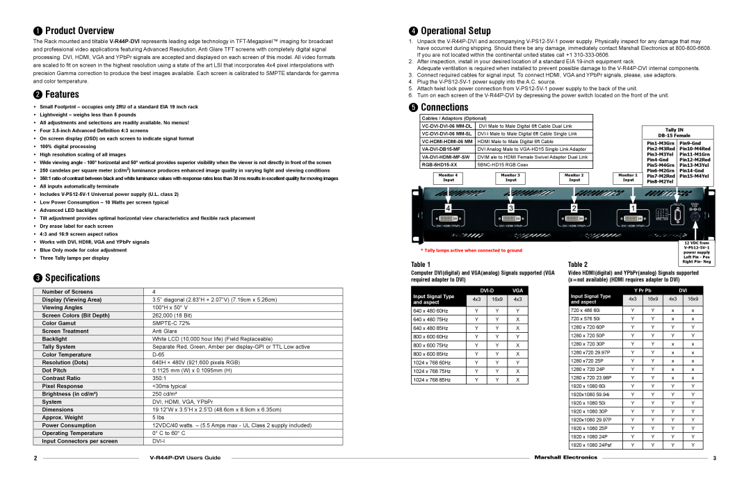 Marshall electronic V-R44P-DVI manual Product Overview, Operational Setup, Connections, Specifications, Features 