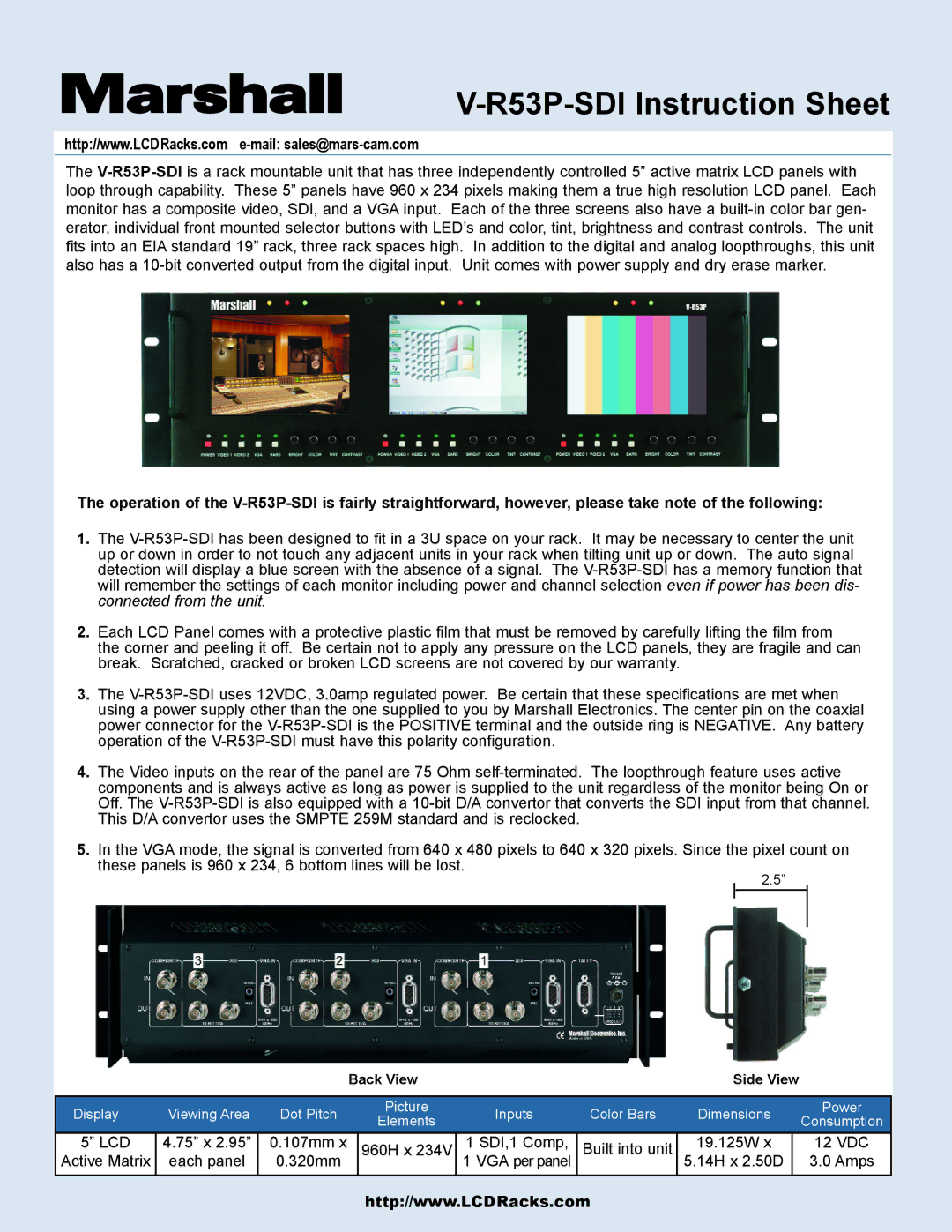 Marshall electronic V-R53P-SDI instruction sheet Marshall, R53P-SDI Instruction Sheet 