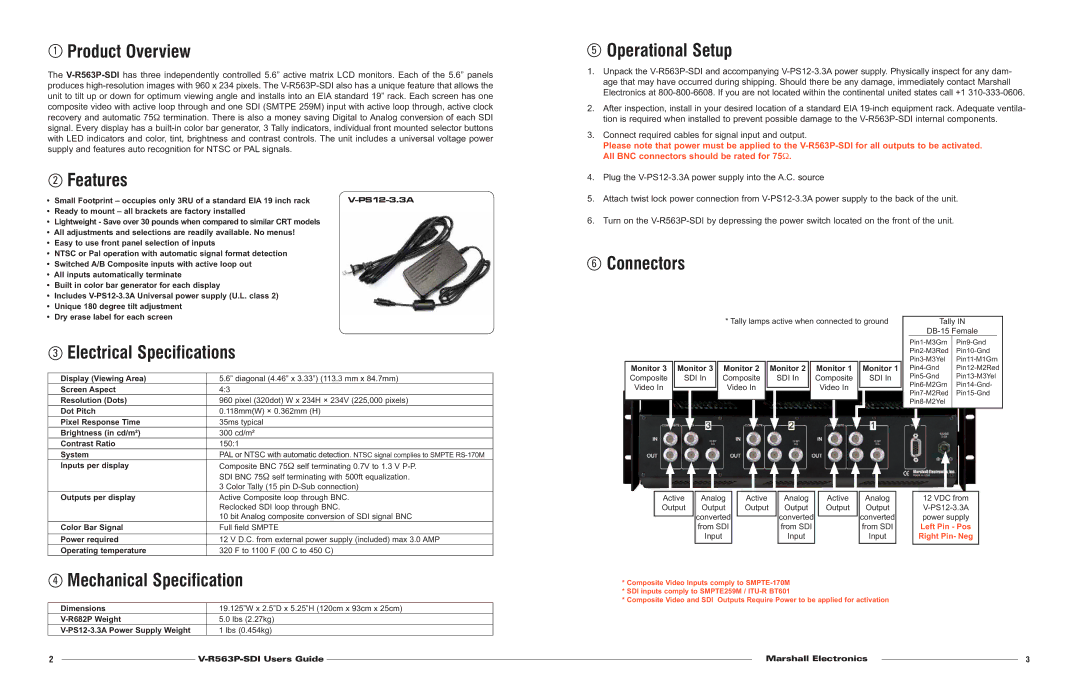 Marshall electronic V-R563P-SDI Product Overview, Features, Operational Setup, Connectors Electrical Specifications 