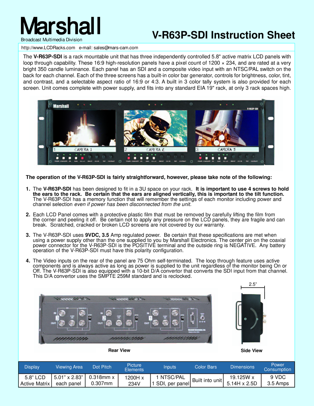 Marshall electronic V-R63P-SDI instruction sheet Marshall, R63P-SDI Instruction Sheet, Broadcast Multimedia Division 