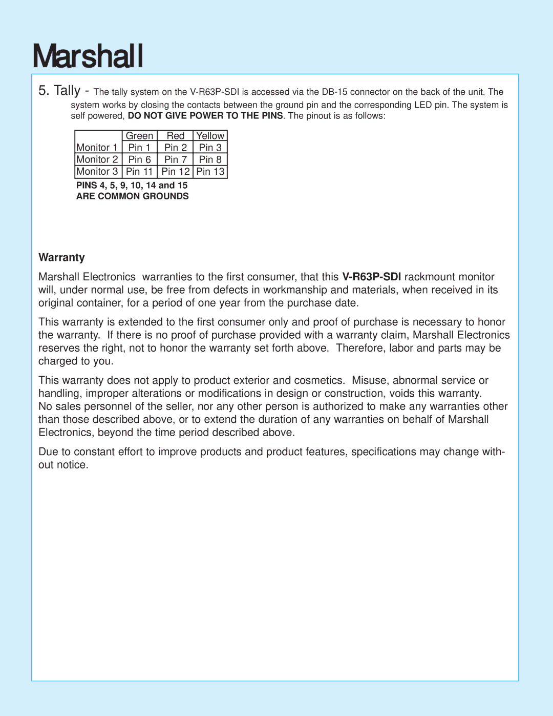 Marshall electronic V-R63P-SDI instruction sheet Marshall, Warranty, Pins 4, 5, 9, 10, 14 