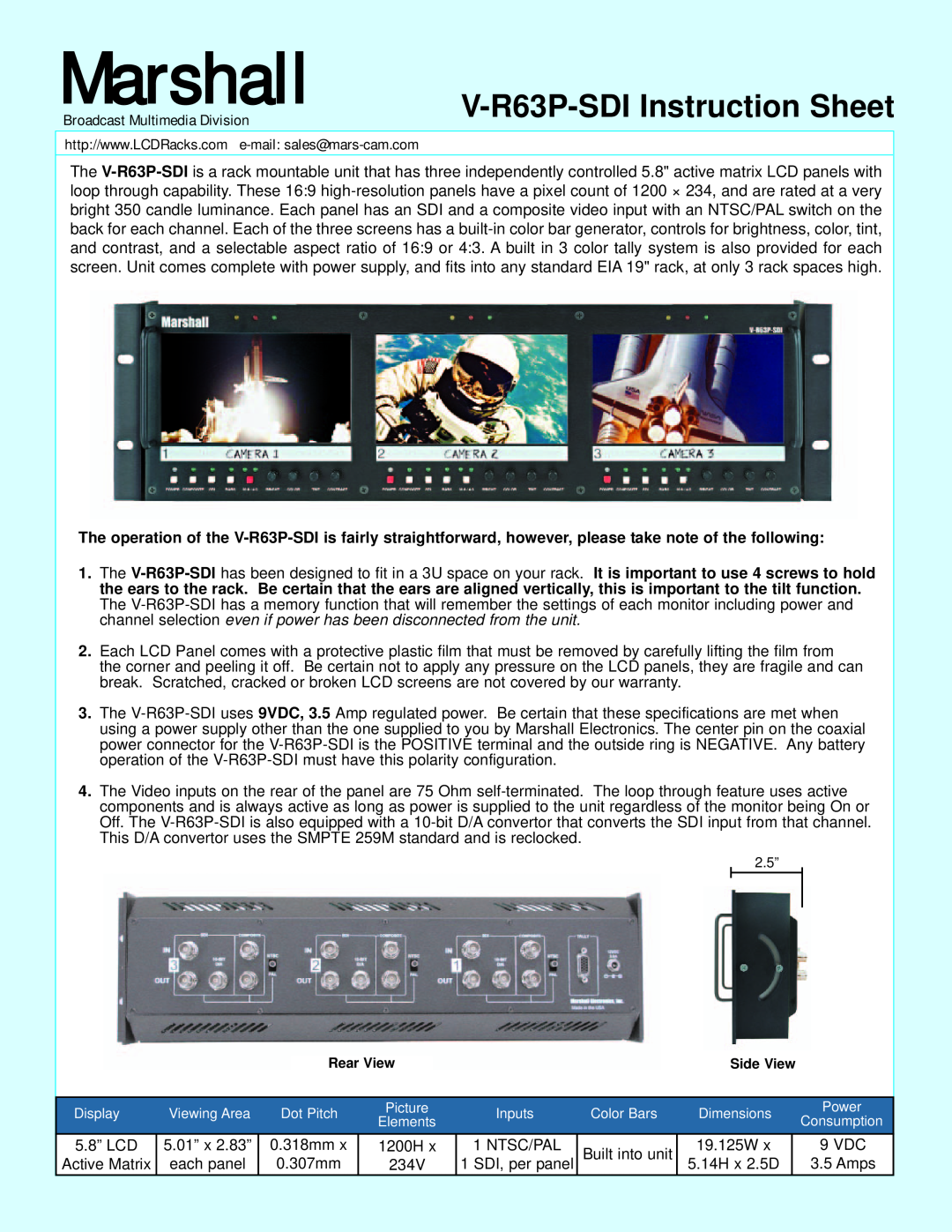 Marshall electronic instruction sheet Marshall, V-R63P-SDIInstruction Sheet, Broadcast Multimedia Division 
