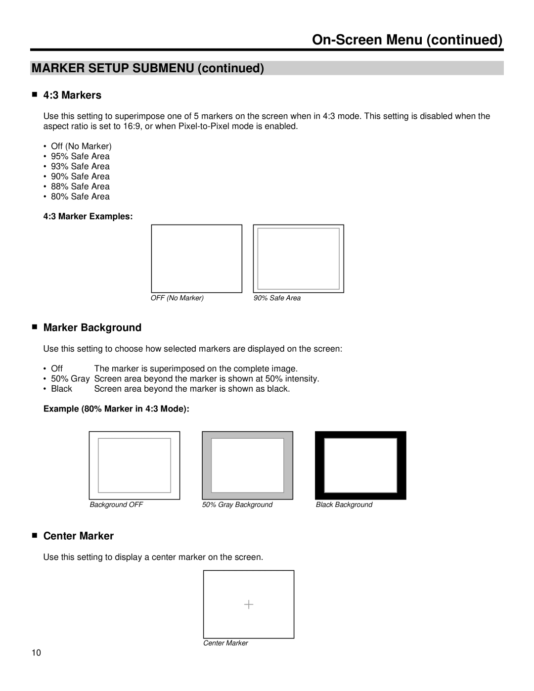 Marshall electronic V-R653-IMD-TE operating instructions Marker Setup Submenu, Marker Background, Center Marker 