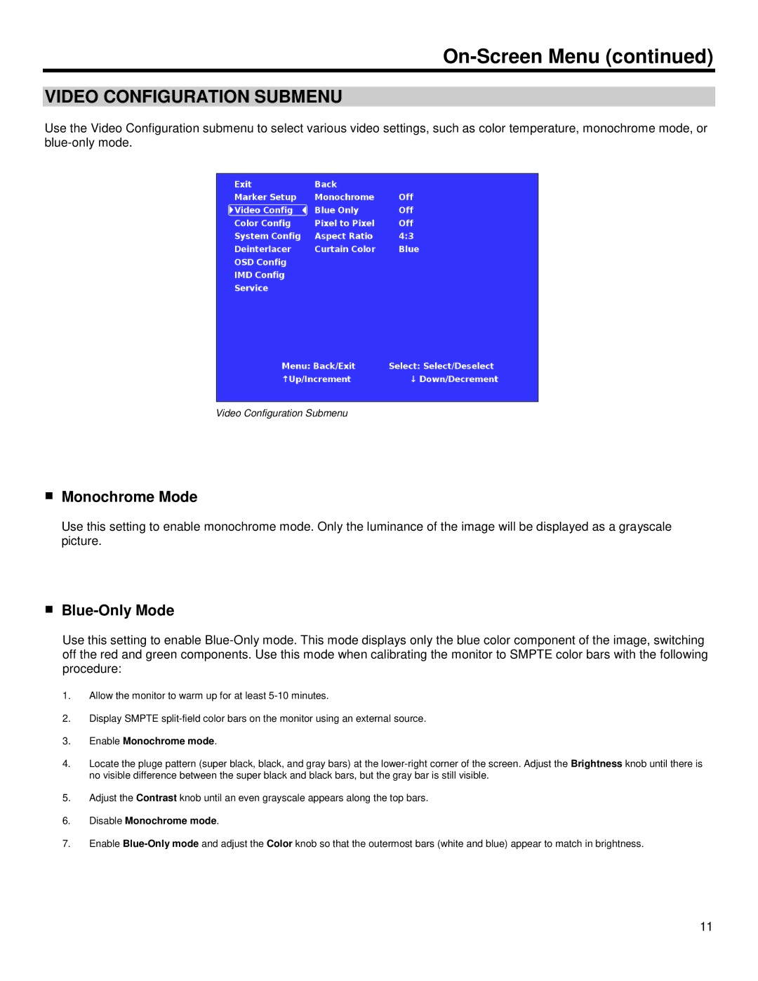 Marshall electronic V-R653-IMD-TE operating instructions Video Configuration Submenu, Monochrome Mode, Blue-Only Mode 