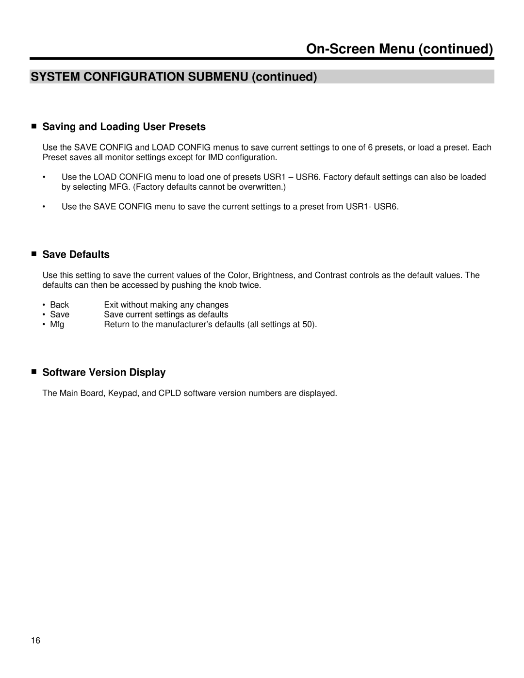 Marshall electronic V-R653-IMD-TE System Configuration Submenu, Saving and Loading User Presets, Save Defaults 