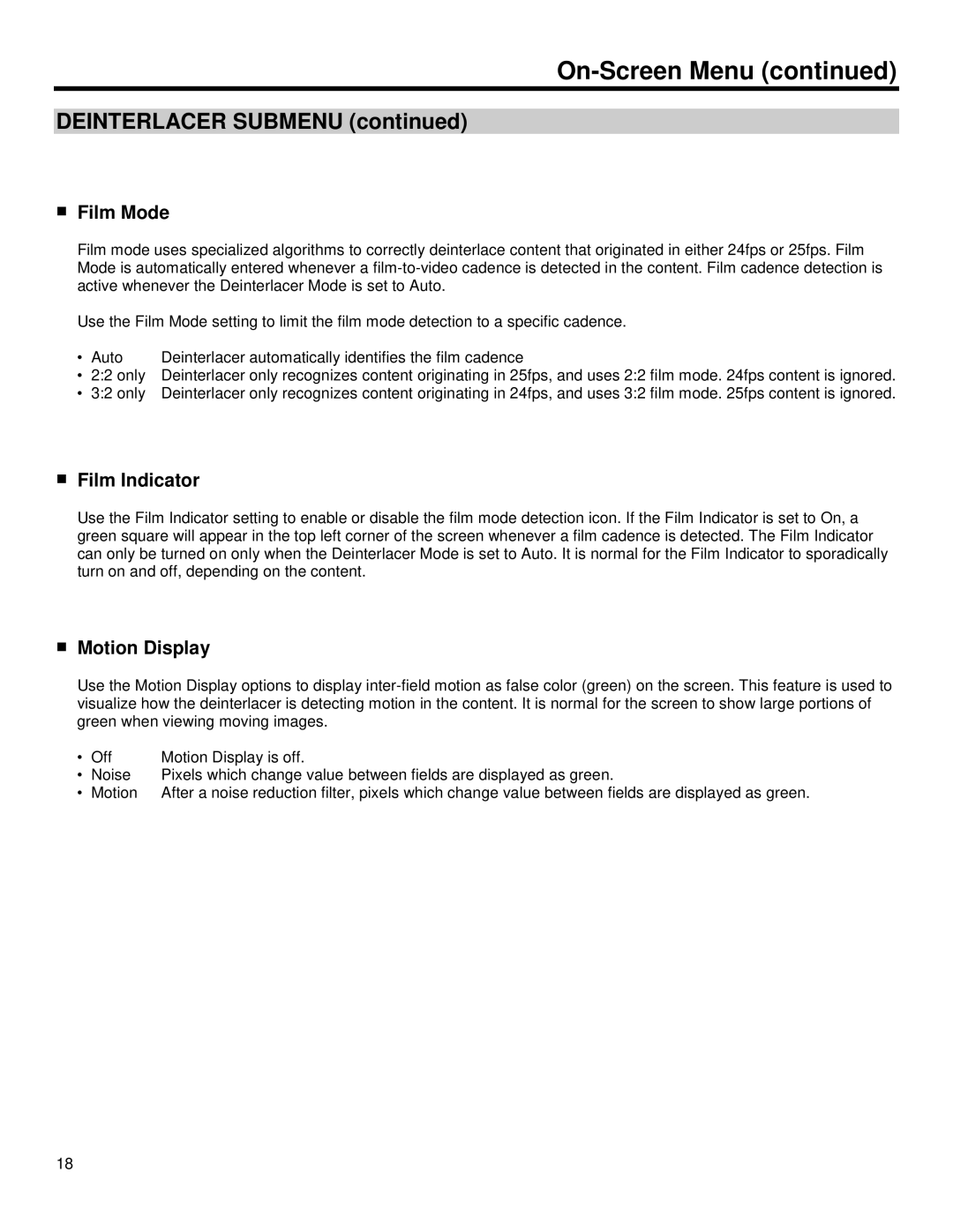 Marshall electronic V-R653-IMD-TE operating instructions Deinterlacer Submenu, Film Mode, Film Indicator, Motion Display 