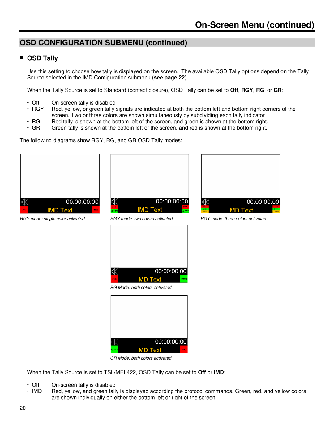 Marshall electronic V-R653-IMD-TE operating instructions OSD Configuration Submenu, OSD Tally 