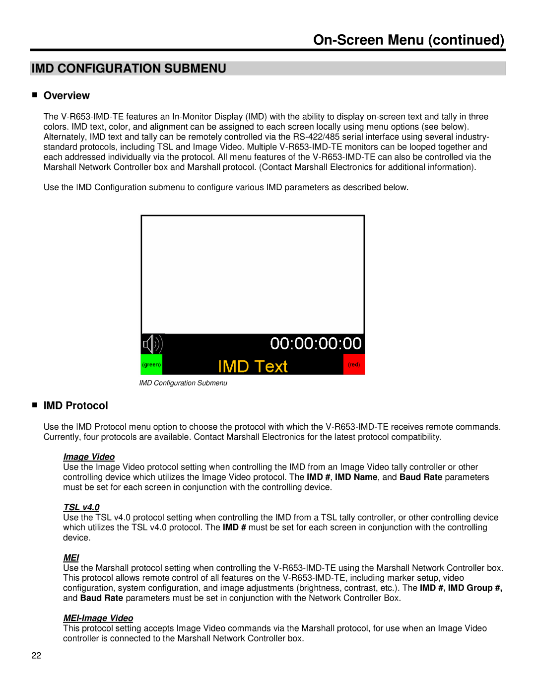 Marshall electronic V-R653-IMD-TE operating instructions IMD Configuration Submenu, Overview, IMD Protocol 