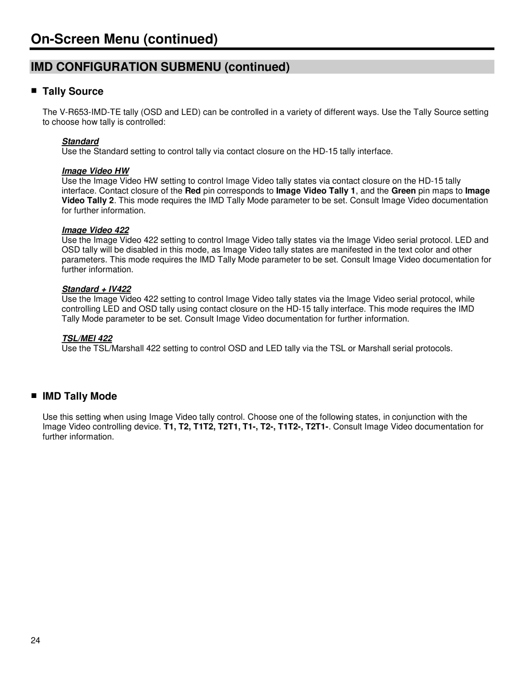 Marshall electronic V-R653-IMD-TE operating instructions Tally Source, IMD Tally Mode 