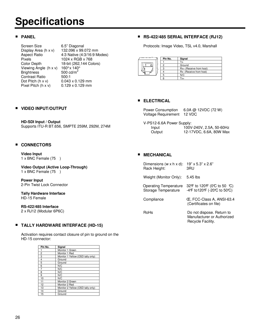 Marshall electronic V-R653-IMD-TE operating instructions Specifications, Panel 