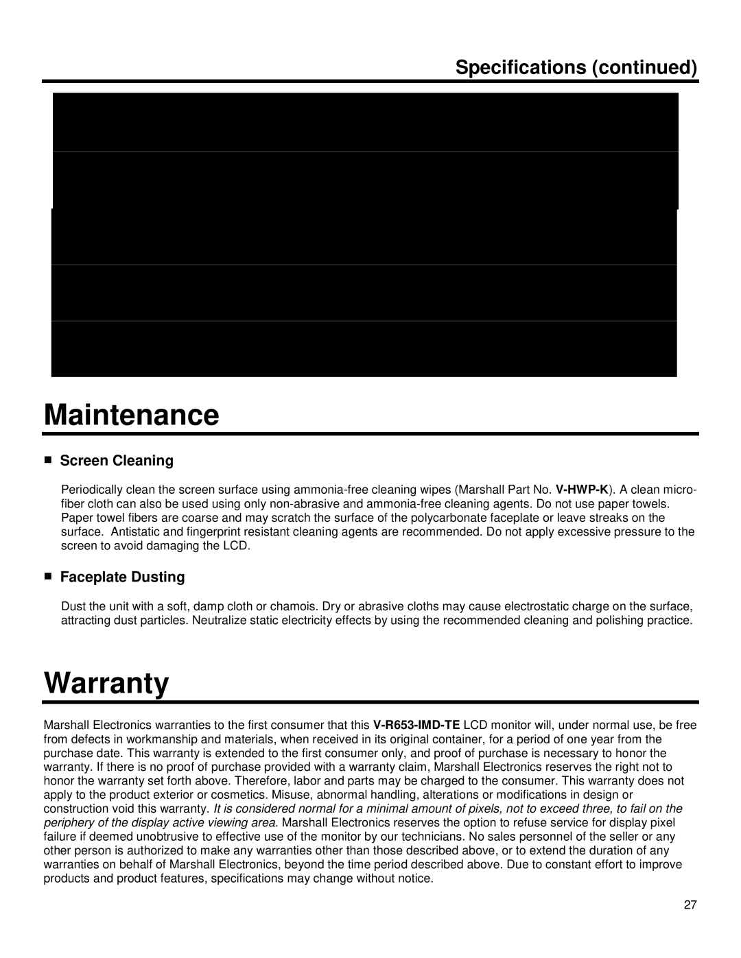 Marshall electronic V-R653-IMD-TE operating instructions Maintenance, Warranty, Screen Cleaning, Faceplate Dusting 