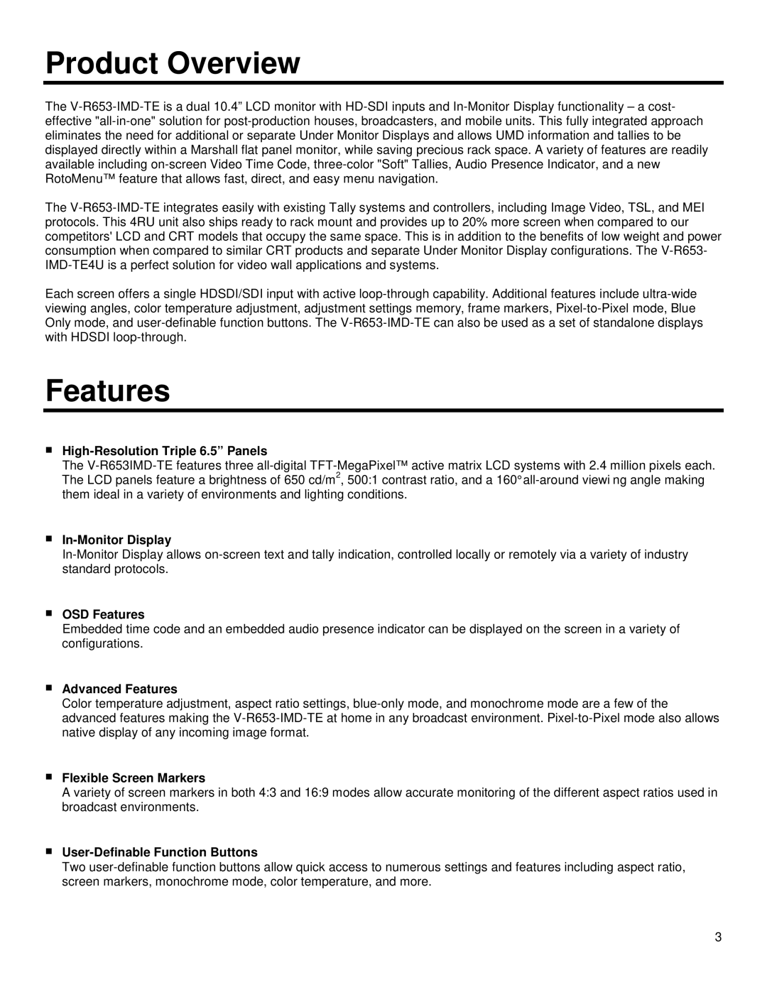 Marshall electronic V-R653-IMD-TE operating instructions Product Overview, Features 