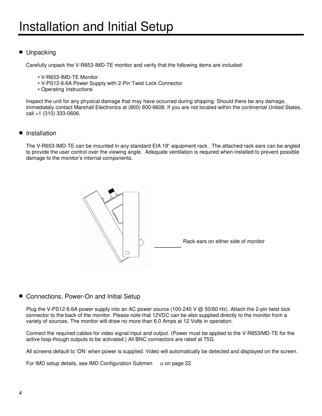 Marshall electronic V-R653-IMD-TE Installation and Initial Setup, Unpacking, Connections, Power-On and Initial Setup 