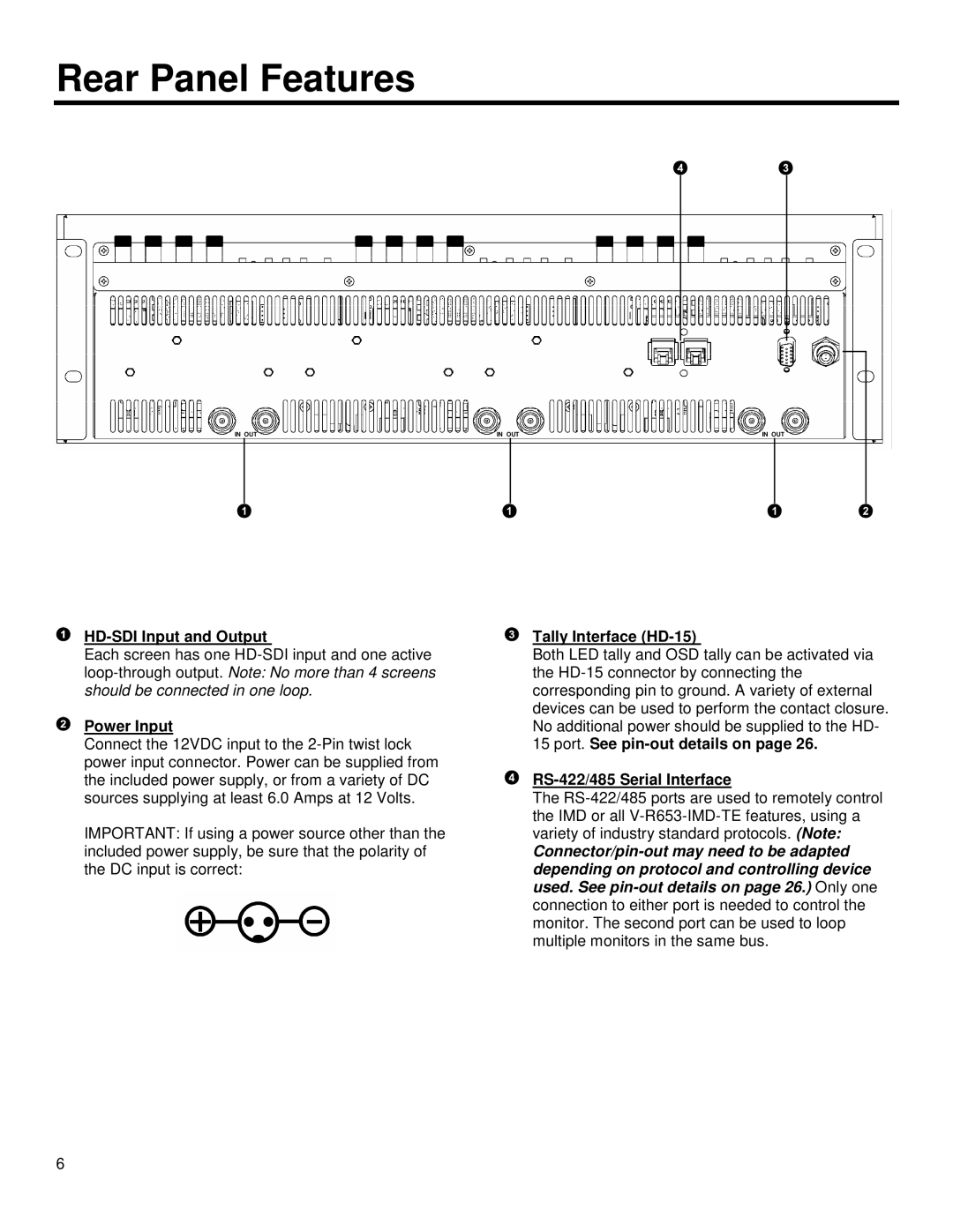 Marshall electronic V-R653-IMD-TE operating instructions Rear Panel Features, HD-SDI Input and Output 