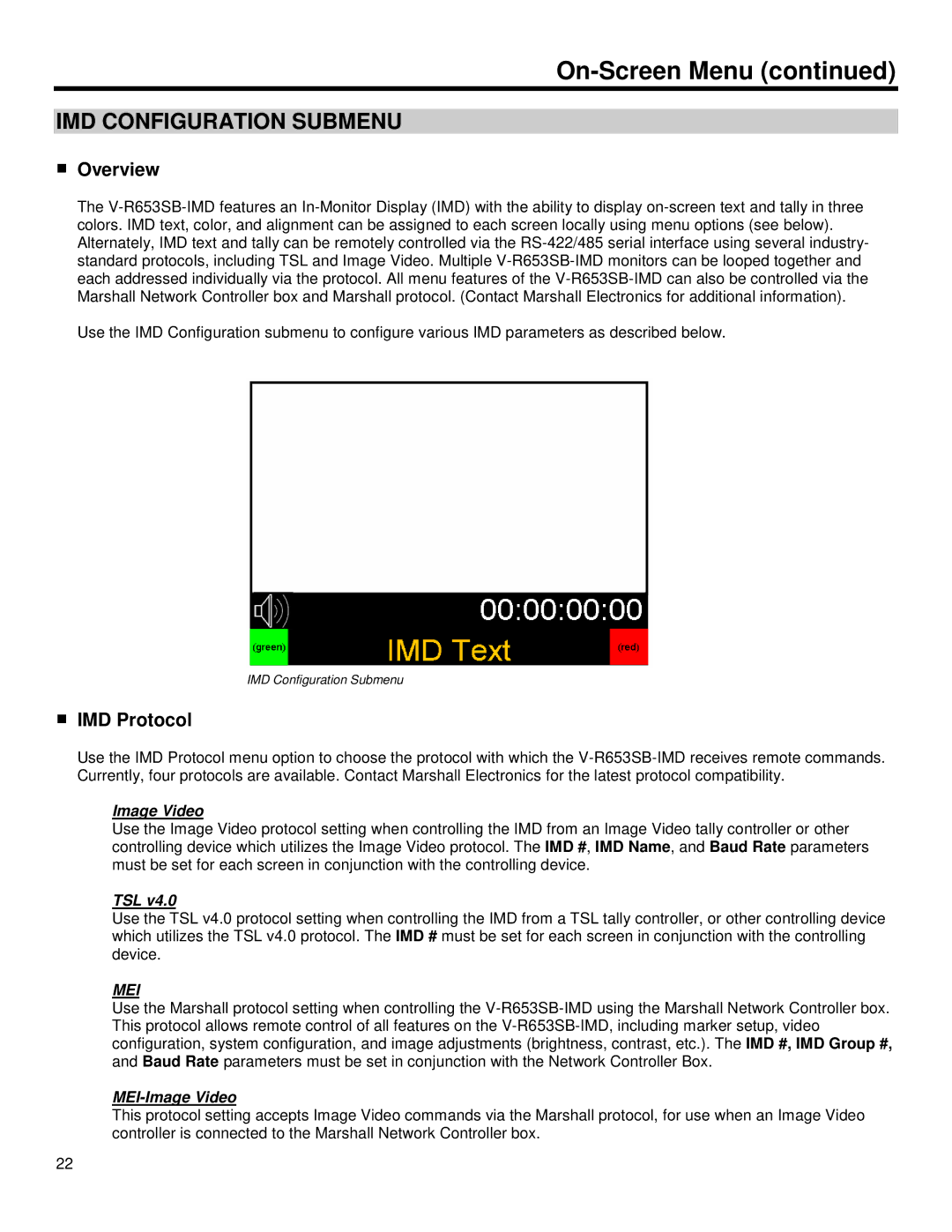 Marshall electronic V-R653SB-IMD manual IMD Configuration Submenu, Overview, IMD Protocol 