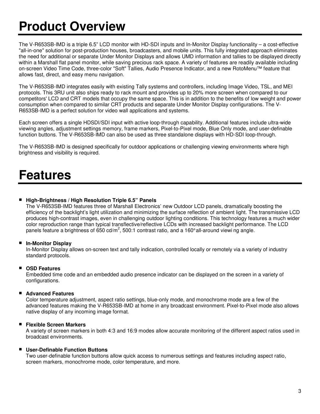 Marshall electronic V-R653SB-IMD manual Product Overview, Features 