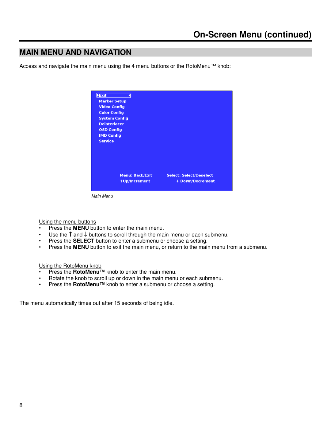 Marshall electronic V-R653SB-IMD manual On-Screen Menu, Main Menu and Navigation 