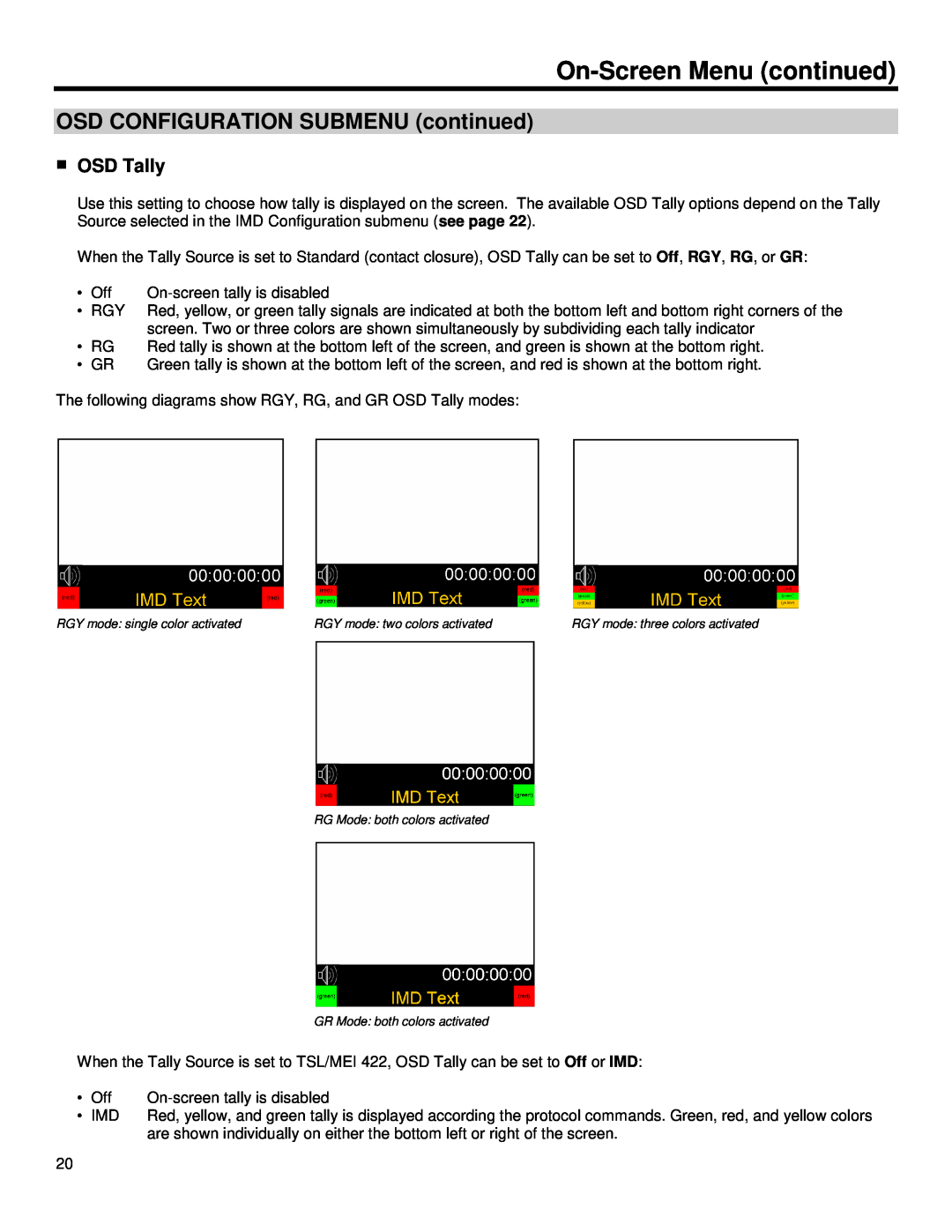 Marshall electronic V-R653SB-IMD manual OSD CONFIGURATION SUBMENU continued, OSD Tally, On-Screen Menu continued 