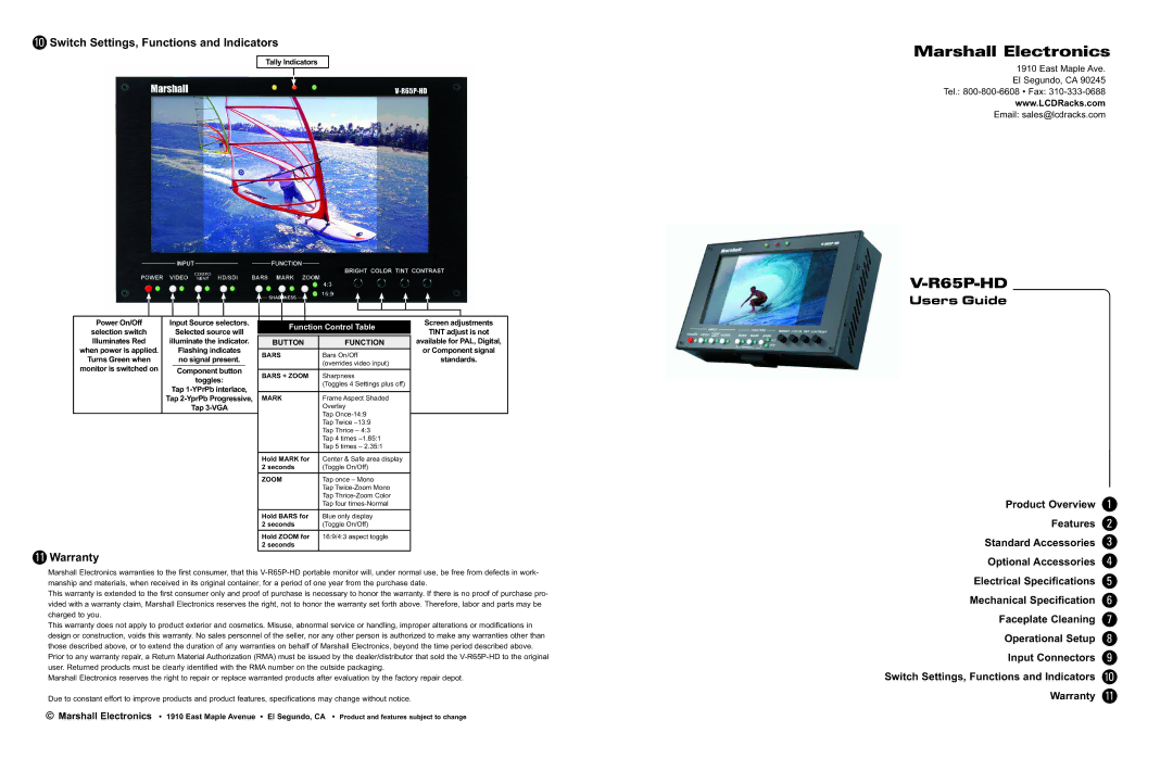 Marshall electronic V-R65P-HD specifications Switch Settings, Functions and Indicators, Warranty, Button Function 