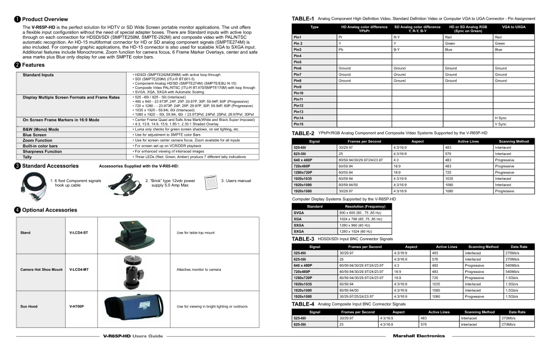 Marshall electronic V-R65P-HD specifications Product Overview, Features, Standard Accessories, Optional Accessories 