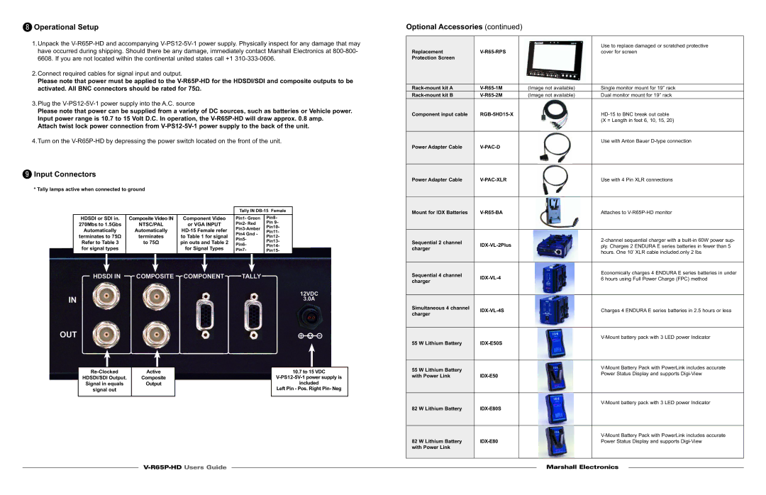 Marshall electronic V-R65P-HD specifications Operational Setup, Input Connectors 